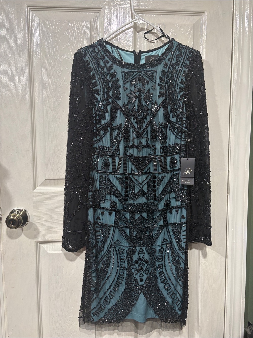 Adrianna Papell Black Beaded Overlay on Teal Long Sleeve Dress